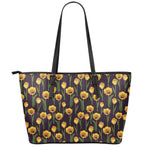 Yellow Tulip Flower Pattern Print Leather Tote Bag