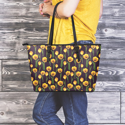 Yellow Tulip Flower Pattern Print Leather Tote Bag