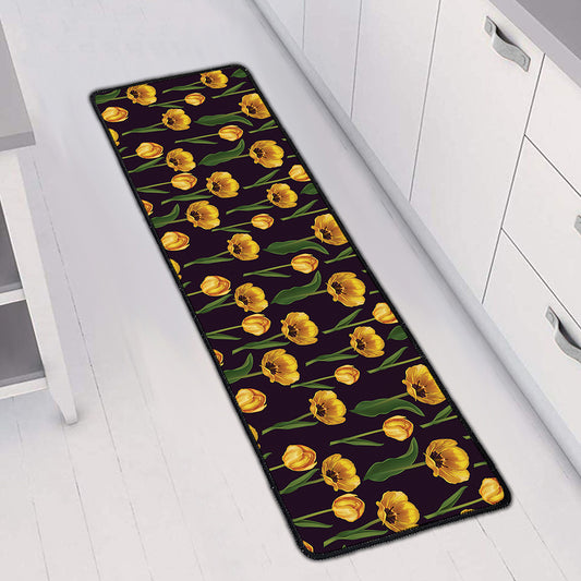 Yellow Tulip Flower Pattern Print Long Kitchen Mat