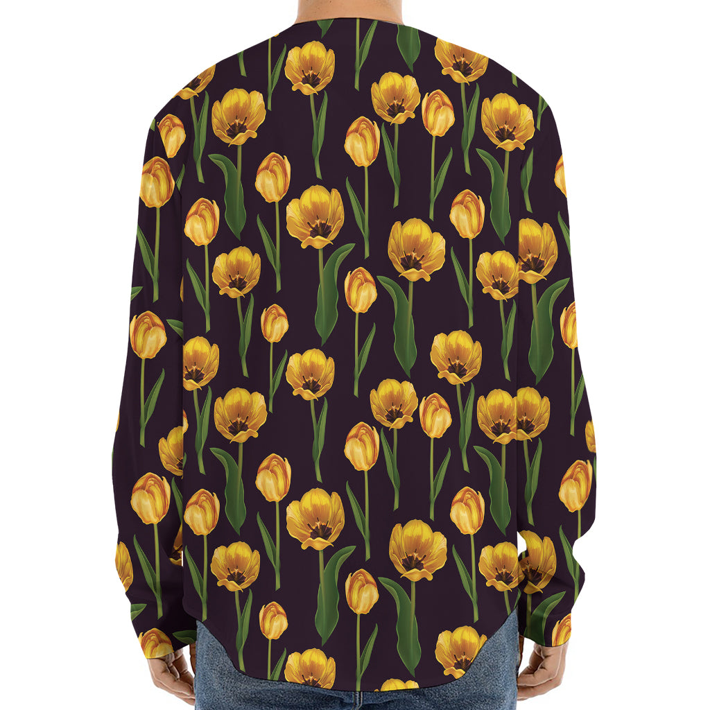 Yellow Tulip Flower Pattern Print Long Sleeve Baseball Jersey