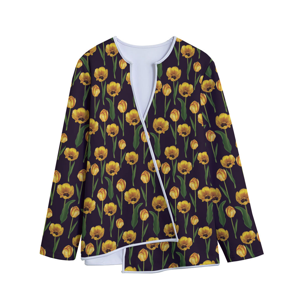 Yellow Tulip Flower Pattern Print Long Sleeve Short Coat