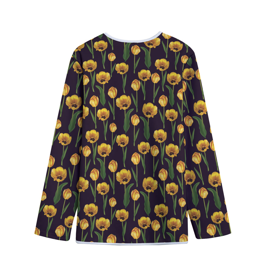 Yellow Tulip Flower Pattern Print Long Sleeve Short Coat