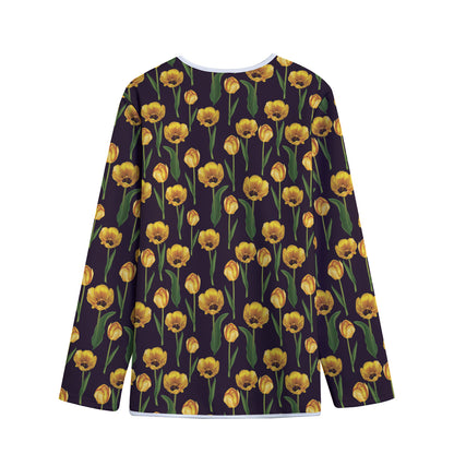 Yellow Tulip Flower Pattern Print Long Sleeve Short Coat