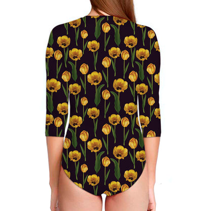 Yellow Tulip Flower Pattern Print Long Sleeve Swimsuit