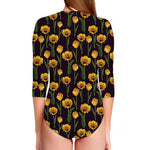 Yellow Tulip Flower Pattern Print Long Sleeve Swimsuit