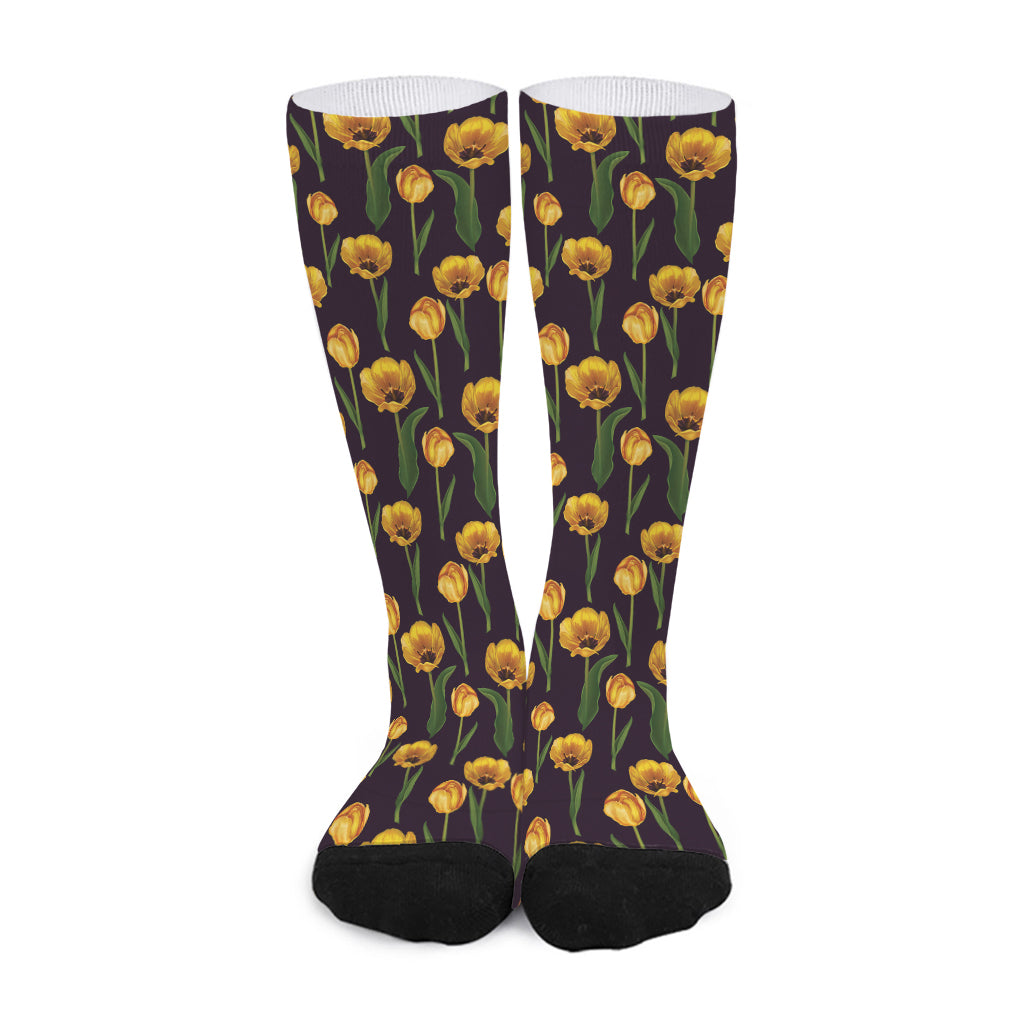 Yellow Tulip Flower Pattern Print Long Socks