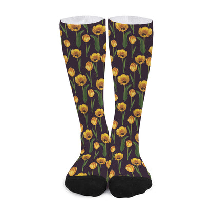 Yellow Tulip Flower Pattern Print Long Socks