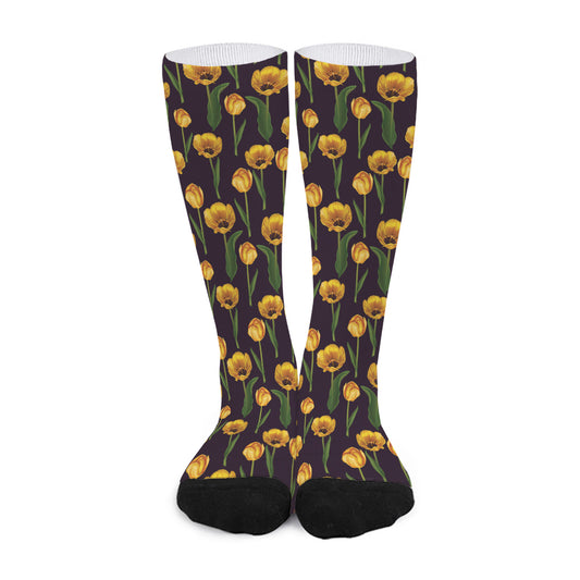 Yellow Tulip Flower Pattern Print Long Socks