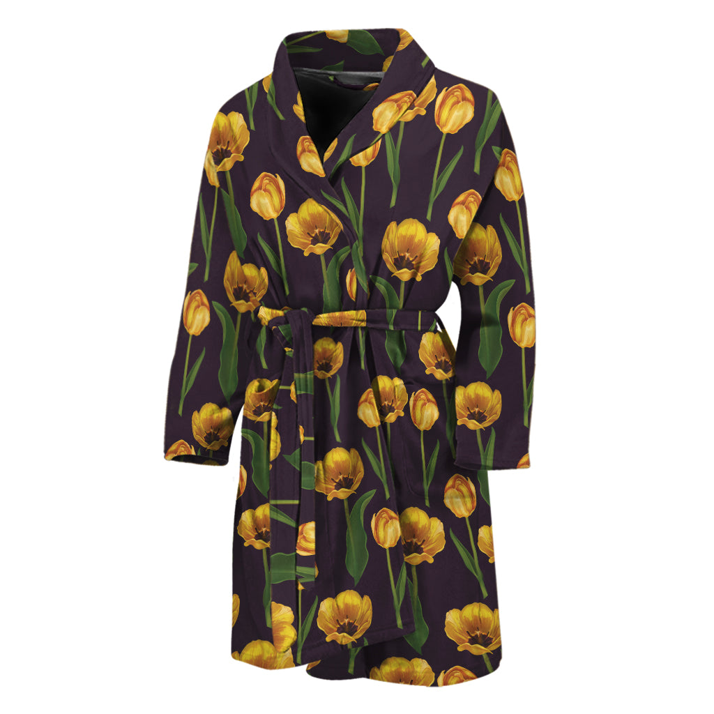 Yellow Tulip Flower Pattern Print Men's Bathrobe