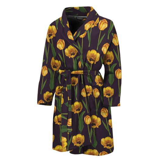 Yellow Tulip Flower Pattern Print Men's Bathrobe