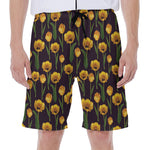 Yellow Tulip Flower Pattern Print Men's Beach Shorts