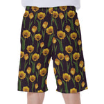 Yellow Tulip Flower Pattern Print Men's Beach Shorts