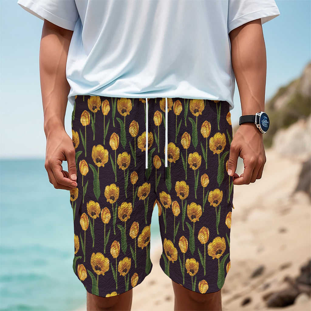 Yellow Tulip Flower Pattern Print Men's Cargo Shorts