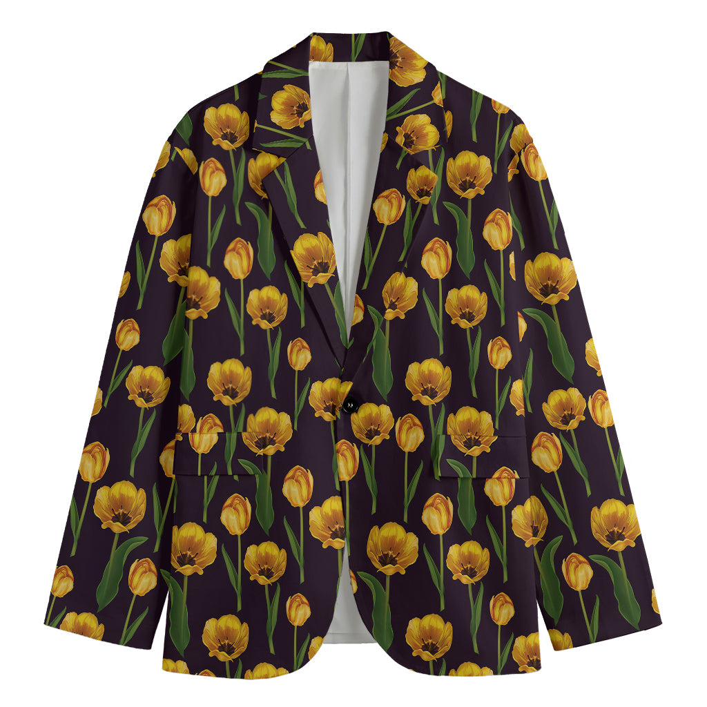 Yellow Tulip Flower Pattern Print Men's Cotton Blazer