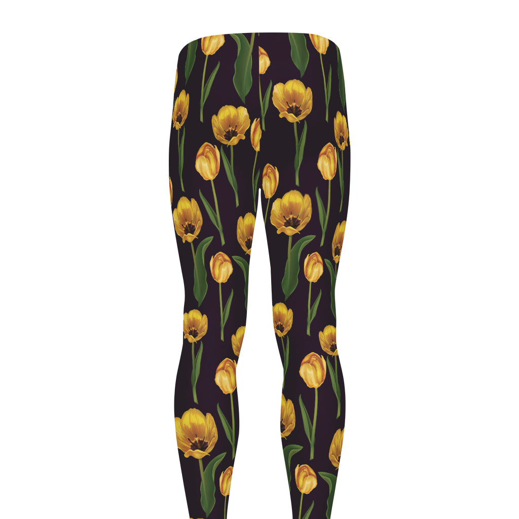 Yellow Tulip Flower Pattern Print Men's leggings