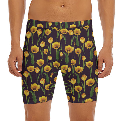 Yellow Tulip Flower Pattern Print Men's Long Boxer Briefs