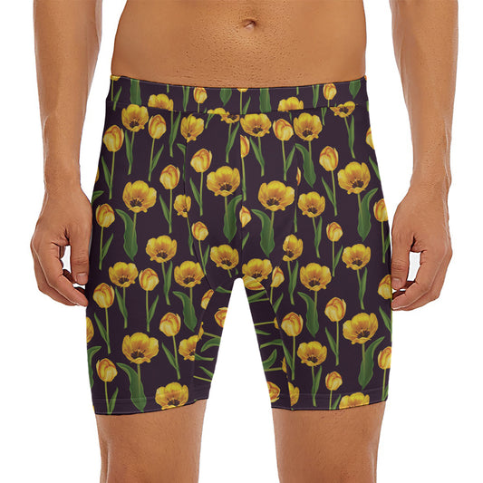 Yellow Tulip Flower Pattern Print Men's Long Boxer Briefs