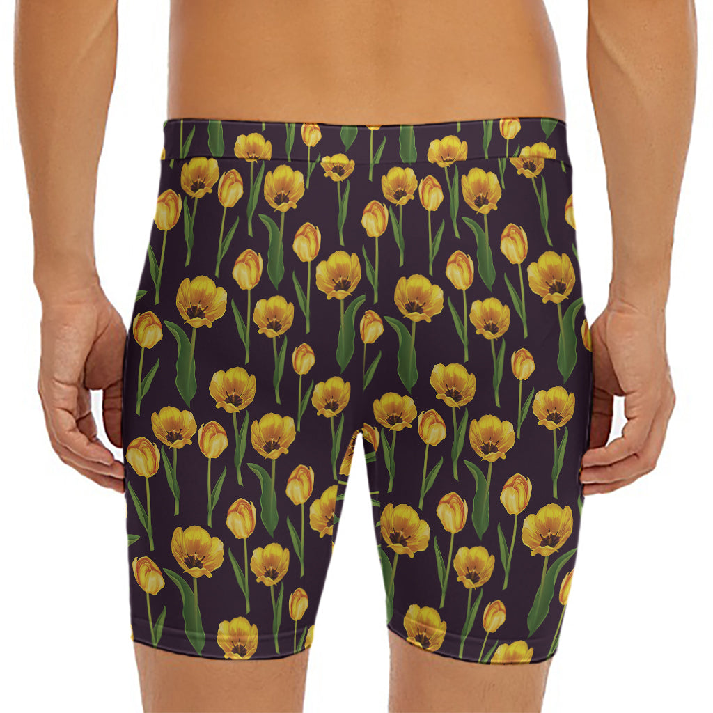 Yellow Tulip Flower Pattern Print Men's Long Boxer Briefs