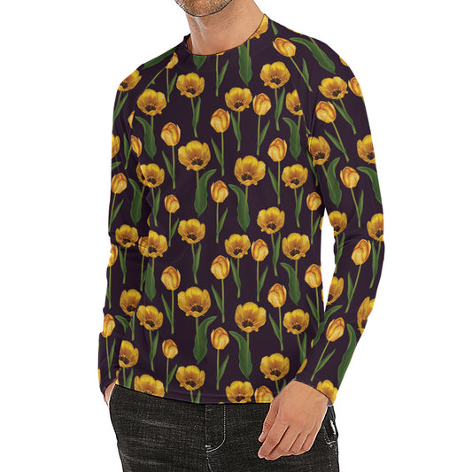 Yellow Tulip Flower Pattern Print Men's Long Sleeve Rash Guard
