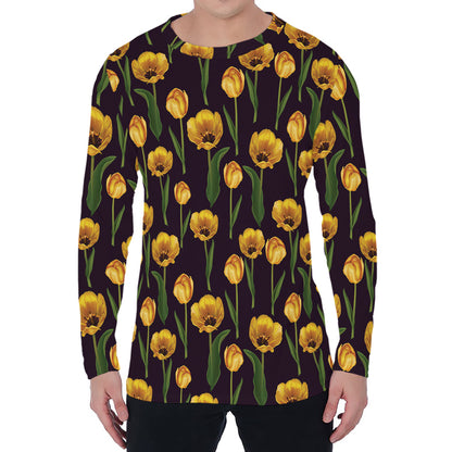 Yellow Tulip Flower Pattern Print Men's Long Sleeve T-Shirt