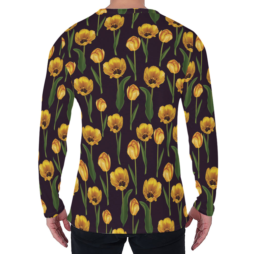 Yellow Tulip Flower Pattern Print Men's Long Sleeve T-Shirt