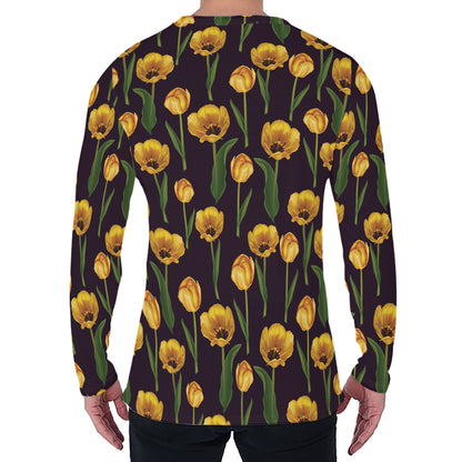 Yellow Tulip Flower Pattern Print Men's Long Sleeve T-Shirt