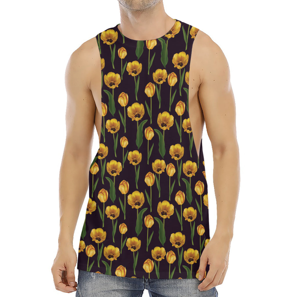 Yellow Tulip Flower Pattern Print Men's Muscle Tank Top