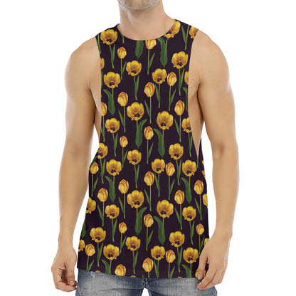 Yellow Tulip Flower Pattern Print Men's Muscle Tank Top