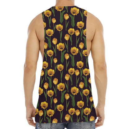 Yellow Tulip Flower Pattern Print Men's Muscle Tank Top