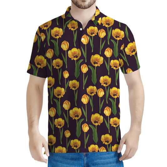 Yellow Tulip Flower Pattern Print Men's Polo Shirt