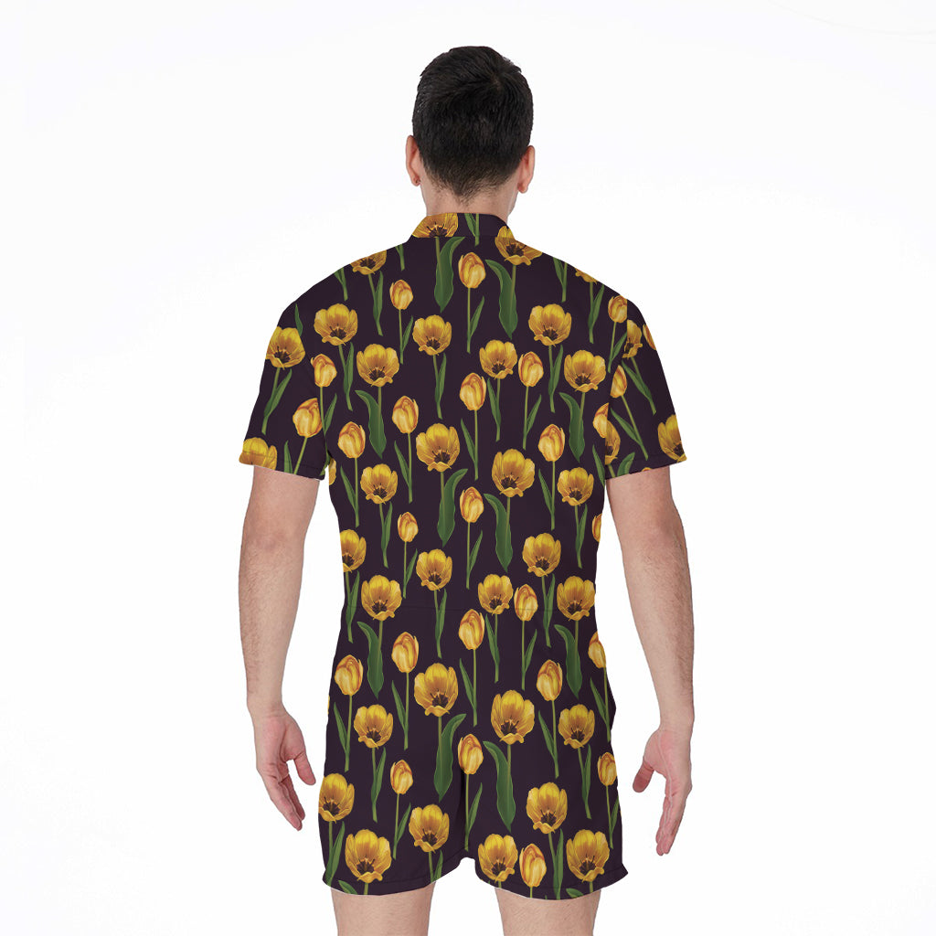 Yellow Tulip Flower Pattern Print Men's Rompers