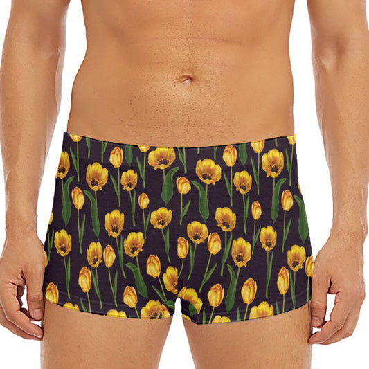 Yellow Tulip Flower Pattern Print Men's Short Boxer Briefs