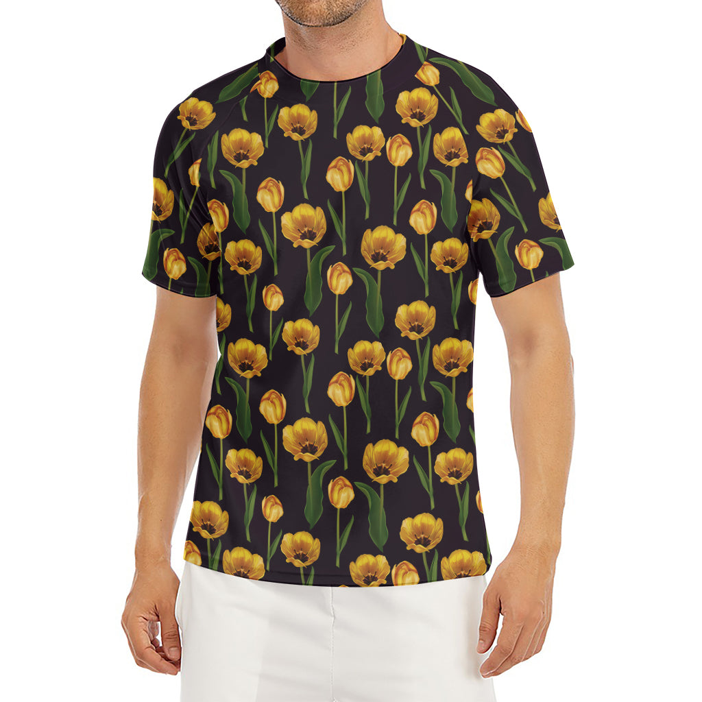 Yellow Tulip Flower Pattern Print Men's Short Sleeve Rash Guard