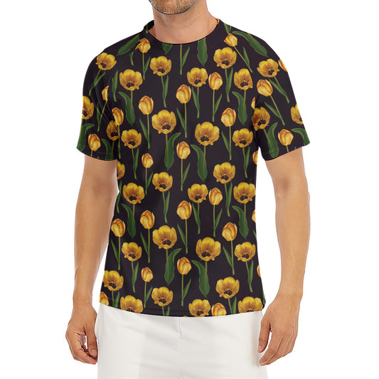 Yellow Tulip Flower Pattern Print Men's Short Sleeve Rash Guard