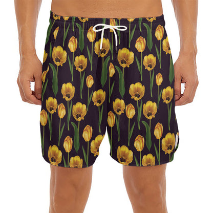 Yellow Tulip Flower Pattern Print Men's Split Running Shorts