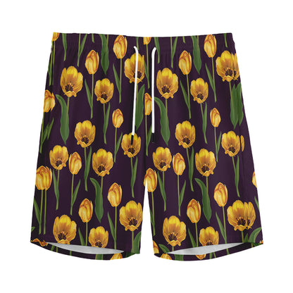 Yellow Tulip Flower Pattern Print Men's Sports Shorts