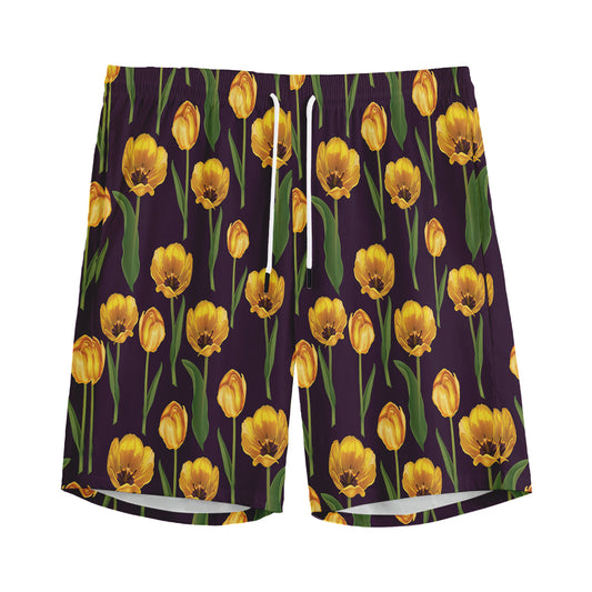 Yellow Tulip Flower Pattern Print Men's Sports Shorts