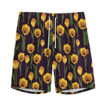 Yellow Tulip Flower Pattern Print Men's Sports Shorts