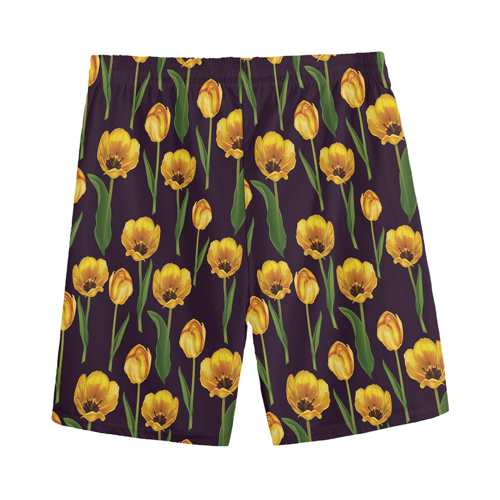 Yellow Tulip Flower Pattern Print Men's Sports Shorts
