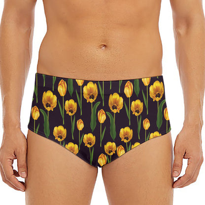 Yellow Tulip Flower Pattern Print Men's Triangle Swim Briefs