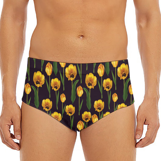 Yellow Tulip Flower Pattern Print Men's Triangle Swim Briefs