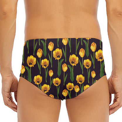 Yellow Tulip Flower Pattern Print Men's Triangle Swim Briefs