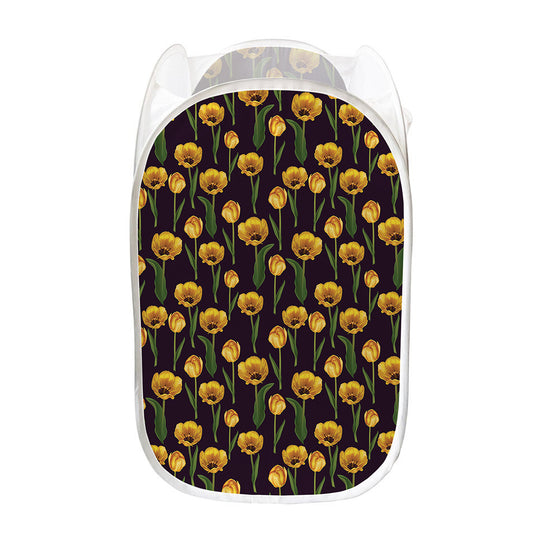 Yellow Tulip Flower Pattern Print Mesh Laundry Hamper