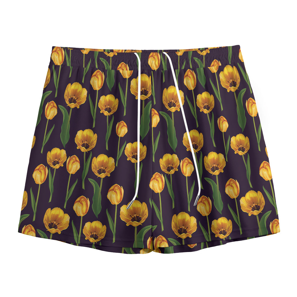 Yellow Tulip Flower Pattern Print Mesh Shorts