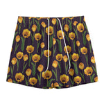 Yellow Tulip Flower Pattern Print Mesh Shorts