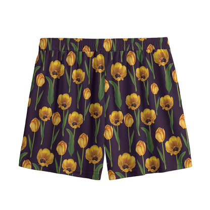 Yellow Tulip Flower Pattern Print Mesh Shorts