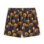 Yellow Tulip Flower Pattern Print Mesh Shorts