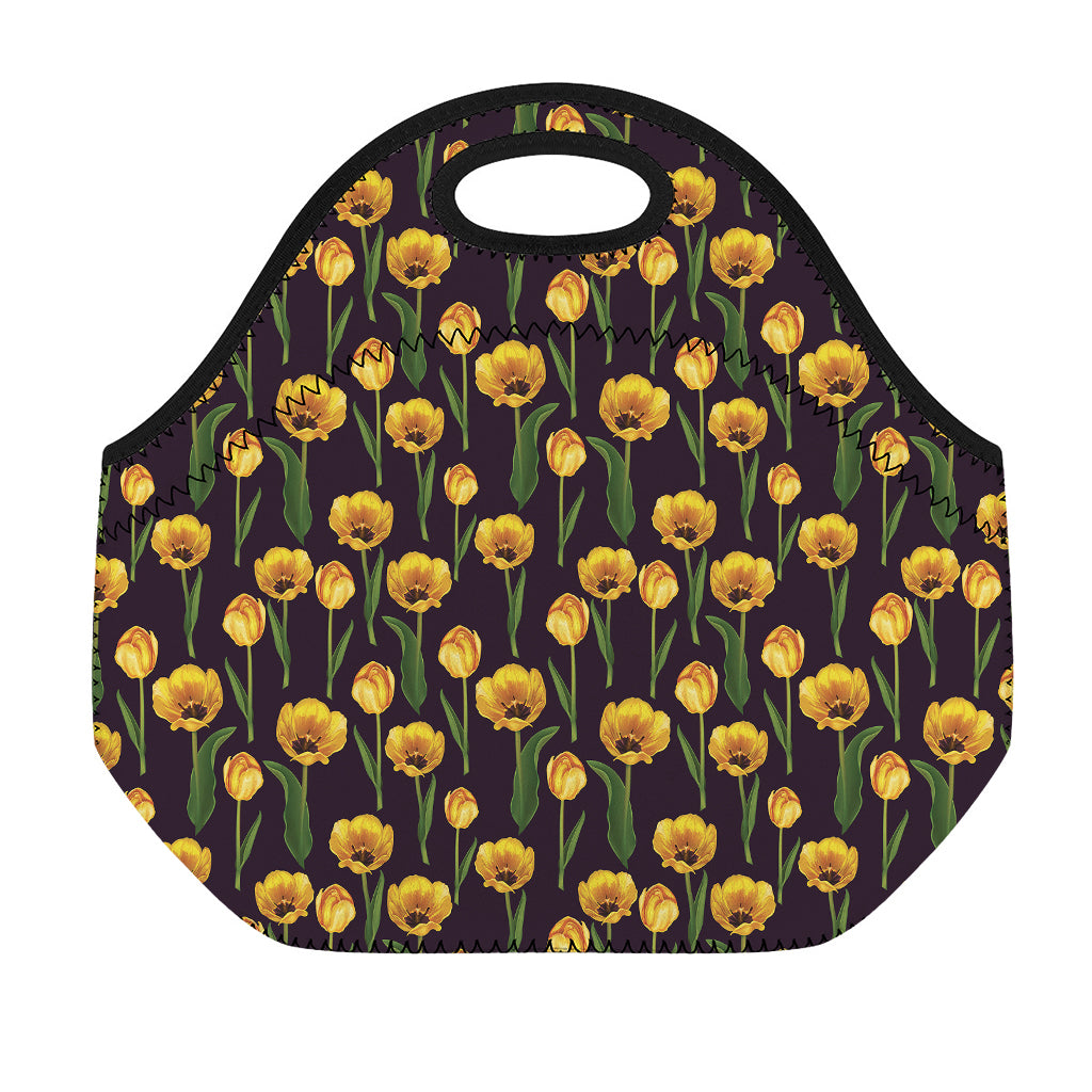 Yellow Tulip Flower Pattern Print Neoprene Lunch Bag
