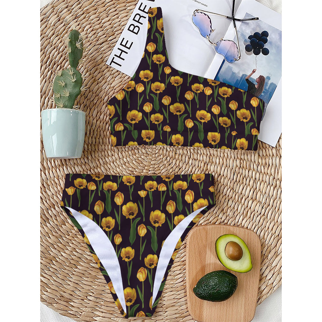 Yellow Tulip Flower Pattern Print One Shoulder Bikini Top