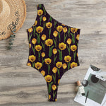 Yellow Tulip Flower Pattern Print One Shoulder Bodysuit